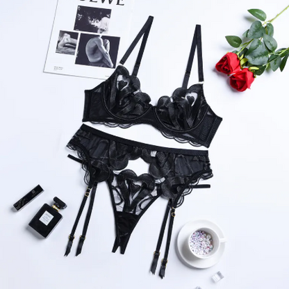 Embroidered Mesh Lingerie Set